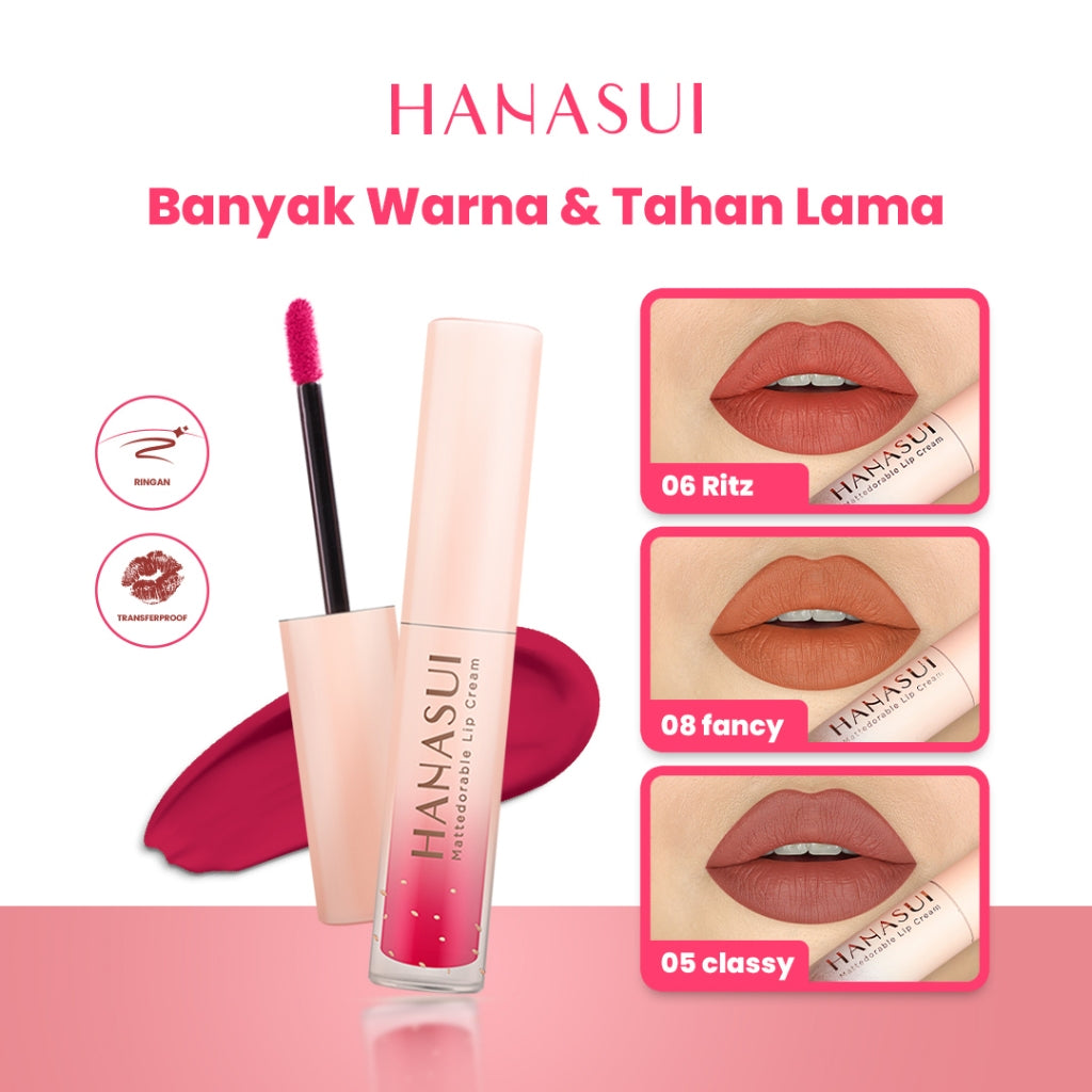 Hanasui Mattedorable Lip Cream - Velvet Matte Finish Melembabkan Ringan Tahan Lama Pigmented Olive Oil Vitamin E
