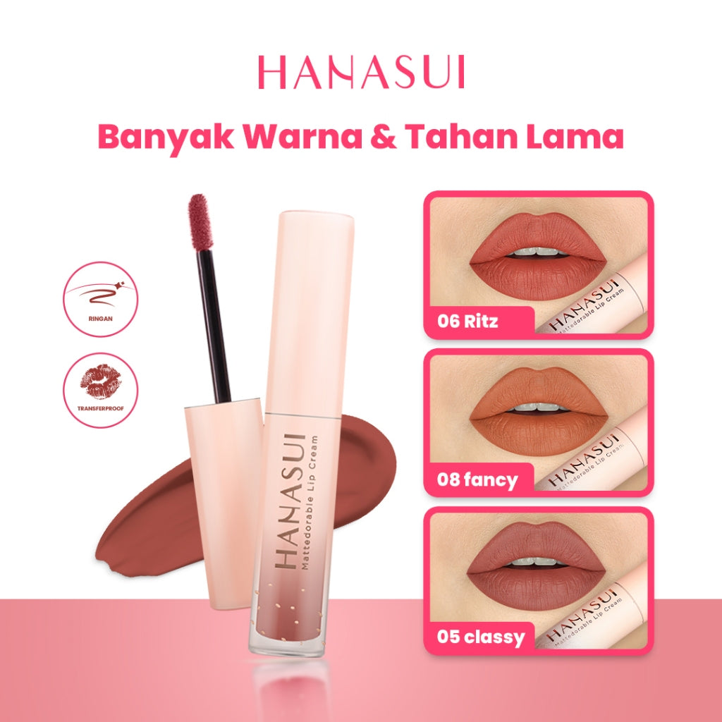 Hanasui Mattedorable Lip Cream - Velvet Matte Finish Melembabkan Ringan Tahan Lama Pigmented Olive Oil Vitamin E