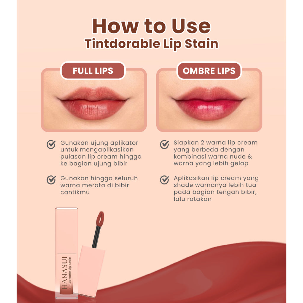 Hanasui Tintdorable Lip Stain - Lip Tint Melembapkan Transferproof Tahan Lama Natural Formula Ringan