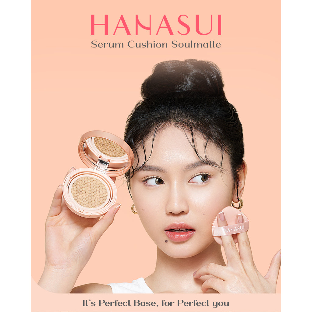 Hanasui Serum Cushion Soulmatte - Matte Finish UVA & UVB Protection Perfect Coverage Menyamarkan Pori-Pori Garis Halus Noda Wajah