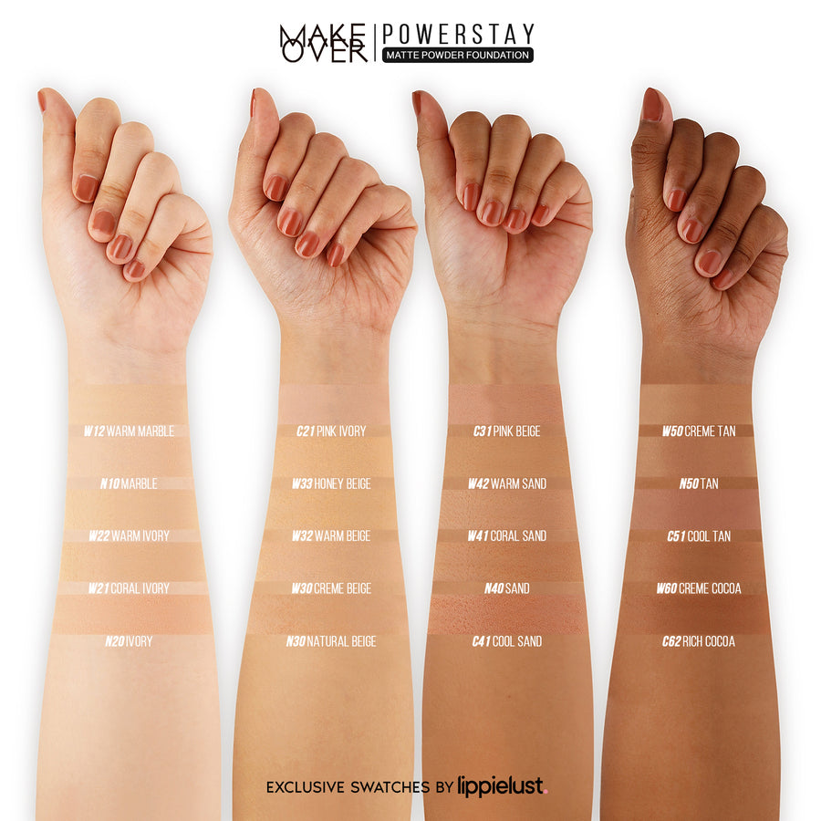 MAKE OVER Flawless Smooth Makeup Look - Powerstay 24H Matte Powder Foundation + Transferproof Matte Lip Cream - Paket Bedak Padat dan Lipcream Tahan Lama Ringan