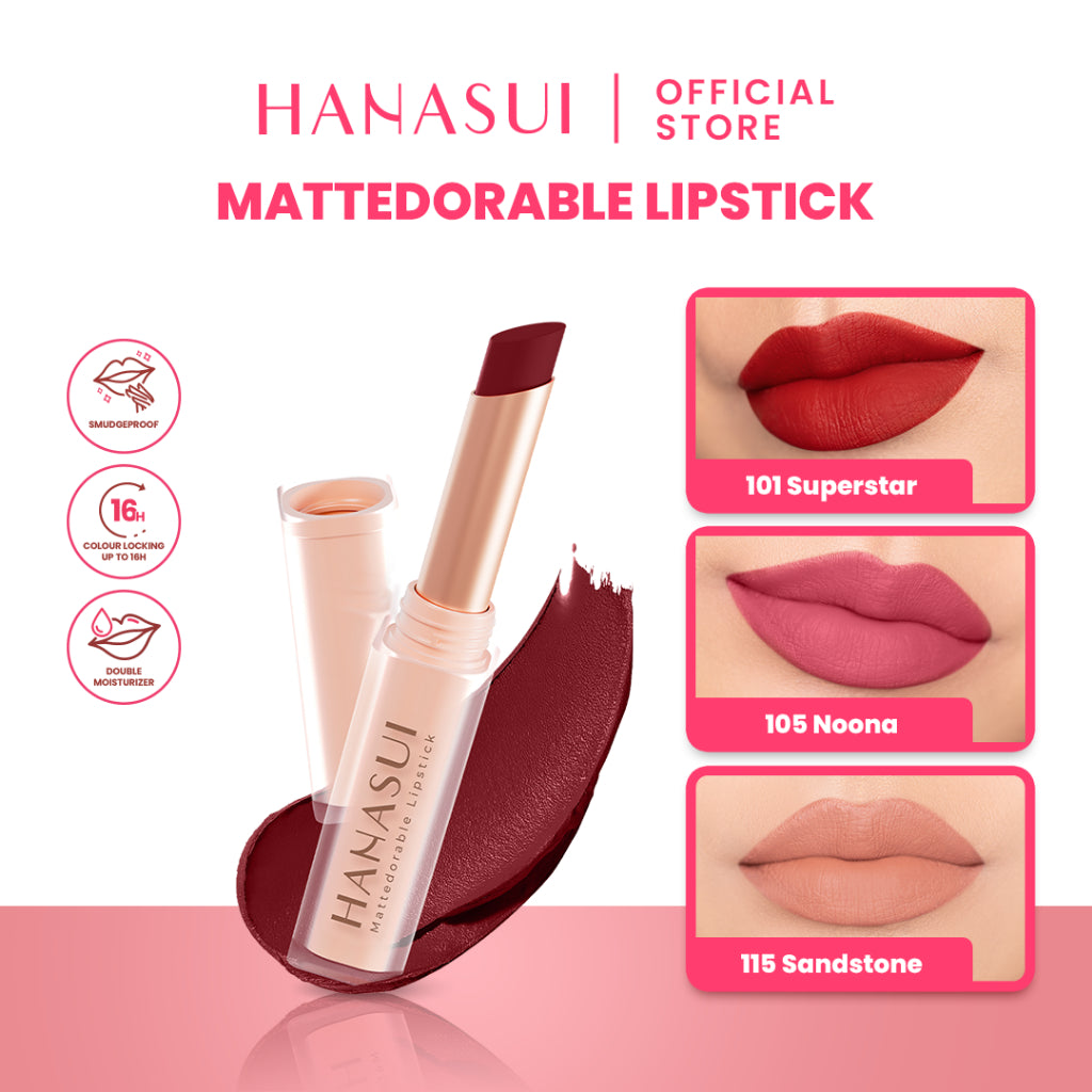 Hanasui Mattedorable Lipstick - Anti Geser Formula  Smudgeproof Transferproof Long Lasting Tahan Lama Melembabkan Hidrasi Optimal