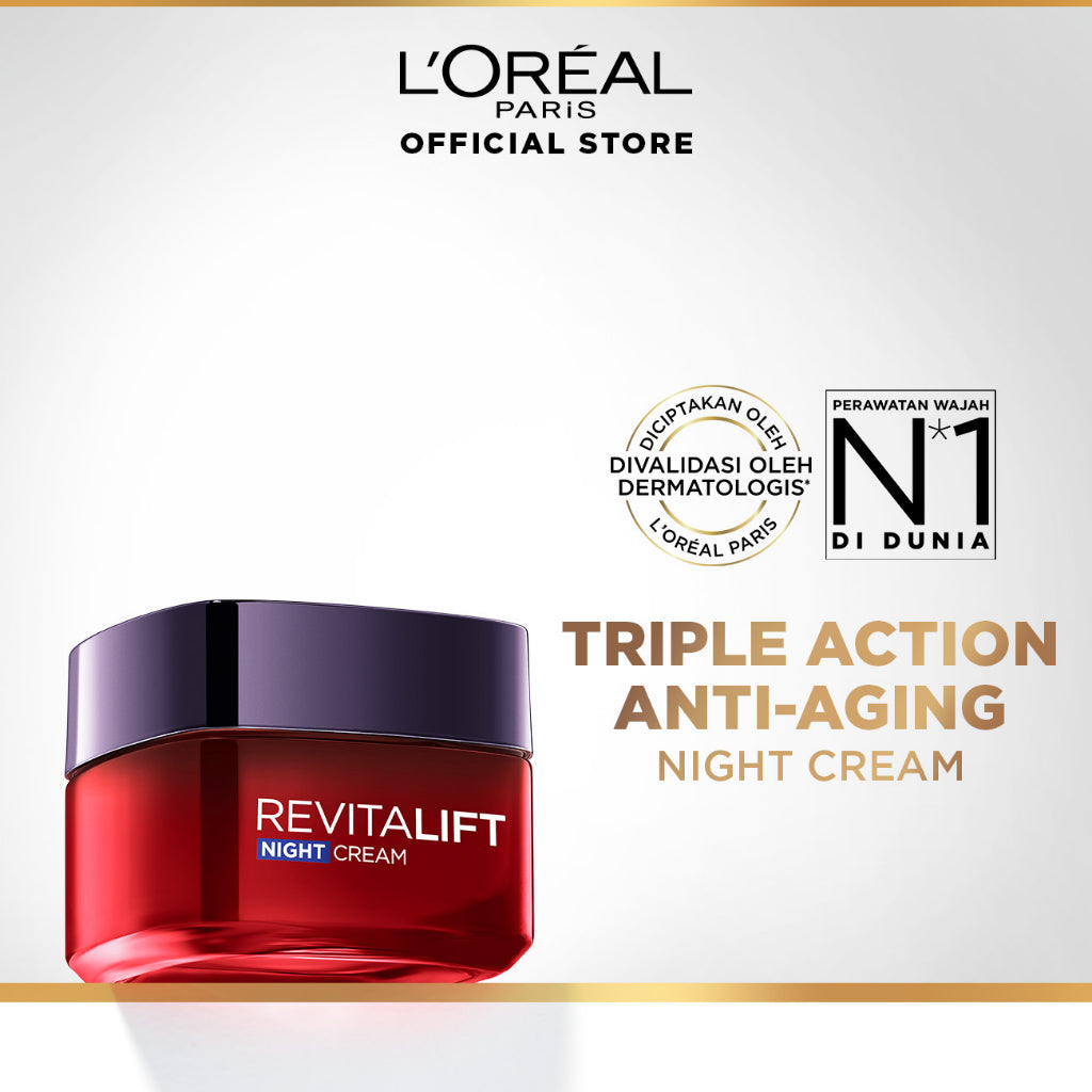 L'Oreal Paris Revitalift Triple Action Night Cream Skin Care - 50ml (Krim Malam Untuk Kulit Cerah Tampak Muda)