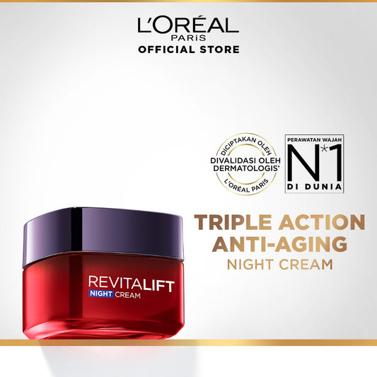 L'Oreal Paris Revitalift Triple Action Night Cream Skin Care - 50ml (Krim Malam Untuk Kulit Cerah Tampak Muda)