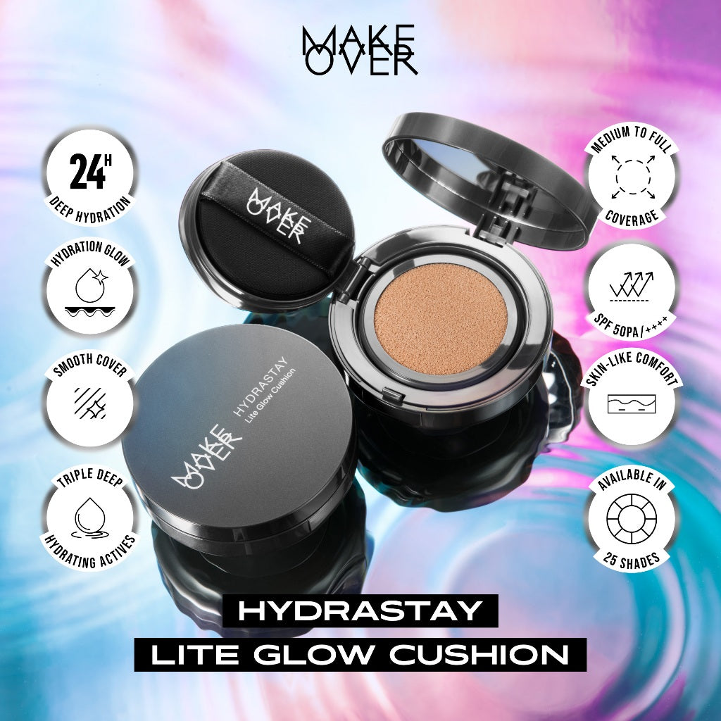 MAKE OVER Hydrastay Lite Glow Cushion 15 g - Cushion atau Foundation Compact untuk Dry Skin atau Kulit Kering BEST SELLER High Coverage Concealer Foundation Make Up Makeup
