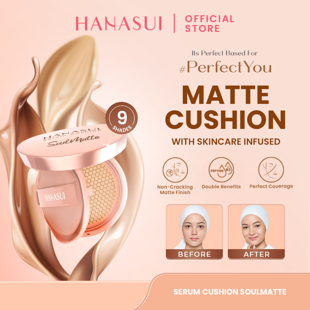 Hanasui Serum Cushion Soulmatte - Matte Finish UVA & UVB Protection Perfect Coverage Menyamarkan Pori-Pori Garis Halus Noda Wajah