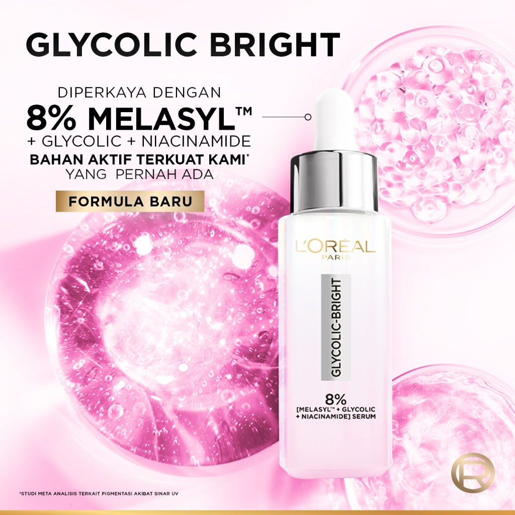 L'Oreal Paris Glycolic Bright 8% [MELASYL + GLYCOLIC + NIACINAMIDE] ANTI-DARK SPOT BRIGHTENING SERUM (Mencerahkan kulit & Menyamarkan Noda hitam bahkan bekas jerawat sekalipun)  Kulit Kusam, Noda Hitam, Bekas Jerawat, Eksfoliasi  Brightening serum