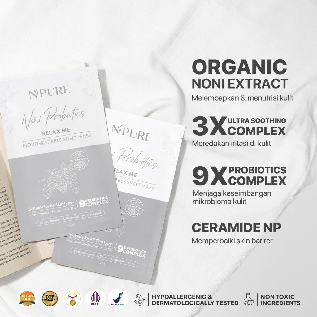 NPURE Sheet Mask Noni / Relax Me / Masker Wajah Kulit Sensitif Kemerahan Hypoallergenic / Biodegradable/ Ceramide