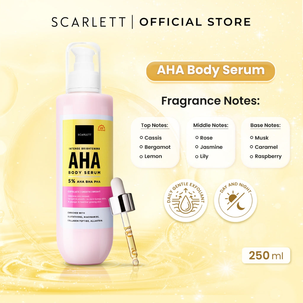 SCARLETT Intense Brightening AHA Body Serum 250ml | 5% AHA BHA PHA Mencerahkan Meratakan Warna Kulit Melembutkan Chicken Skin | Solusi untuk Kulit Belang