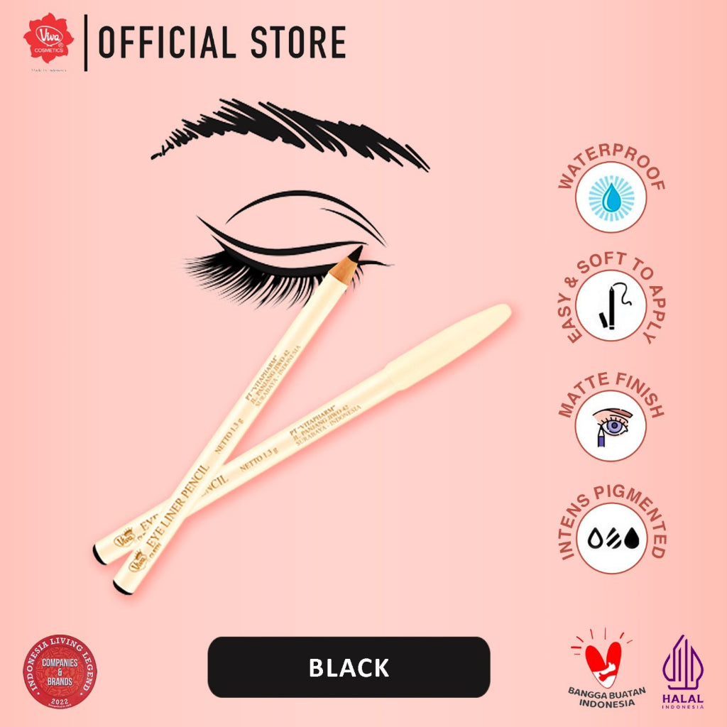 Viva Queen Eye Liner Pencil - 1.3gr (WATERPROOF, INTENSE PIGMENTED, SOFT, MATTE & EASY APPLY) - tersedia 3 varian warna