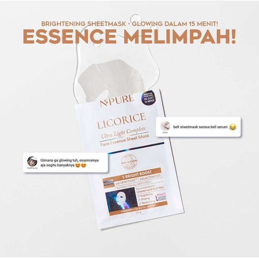 NPURE Sheet Mask Licorice / Ultra Light Complete / Brightening Sheet Mask / Masker Wajah Cerah Glowing /  5X Bright Boost