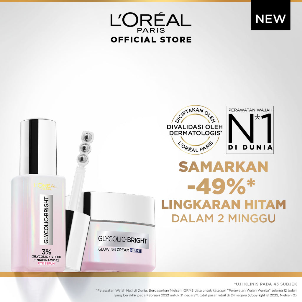 L'Oreal Paris Glycolic Bright Dark Circle Eye Serum + Glycolic Bright Glowing Night Cream Skincare Kit (Menyamarkan Mata Panda dengan 3% Bahan Aktif - Glycolic + Niacinamide + Vit CG)