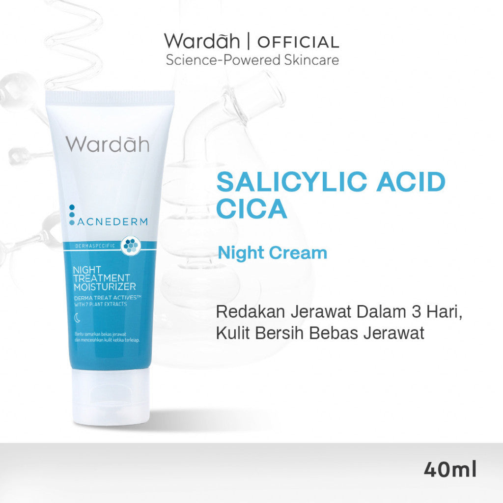 WARDAH Acnederm Night Treatment Moisturizer 40 ml - Pelembab Wajah Berjerawat dengan BHA - Krim Malam untuk Mencerahkan Kulit - Untuk Semua Jenis Kulit - Skincare