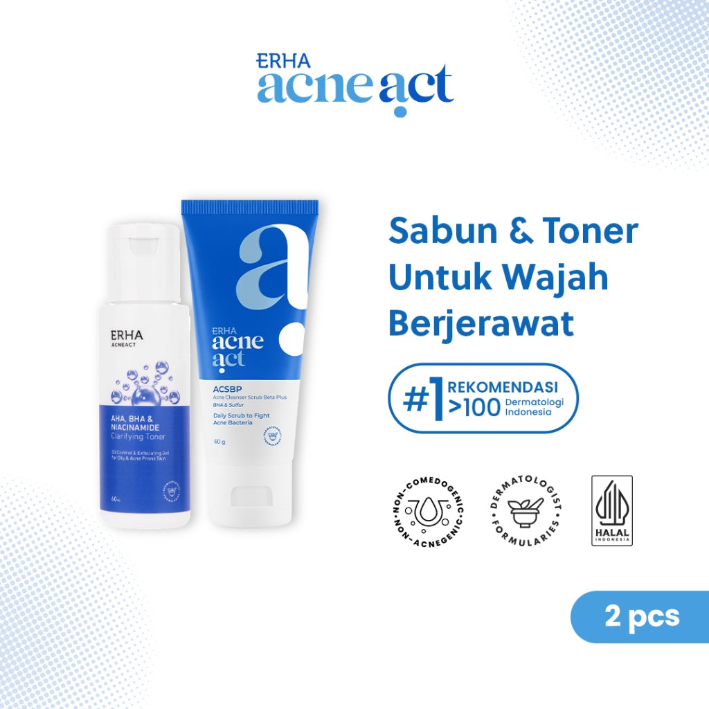 ERHA Acneact Bundle Acne Cleanser Scrub Beta Plus (ACSBP) 60g & Clarifying Toner 60ml - Sabun & Toner Jerawat