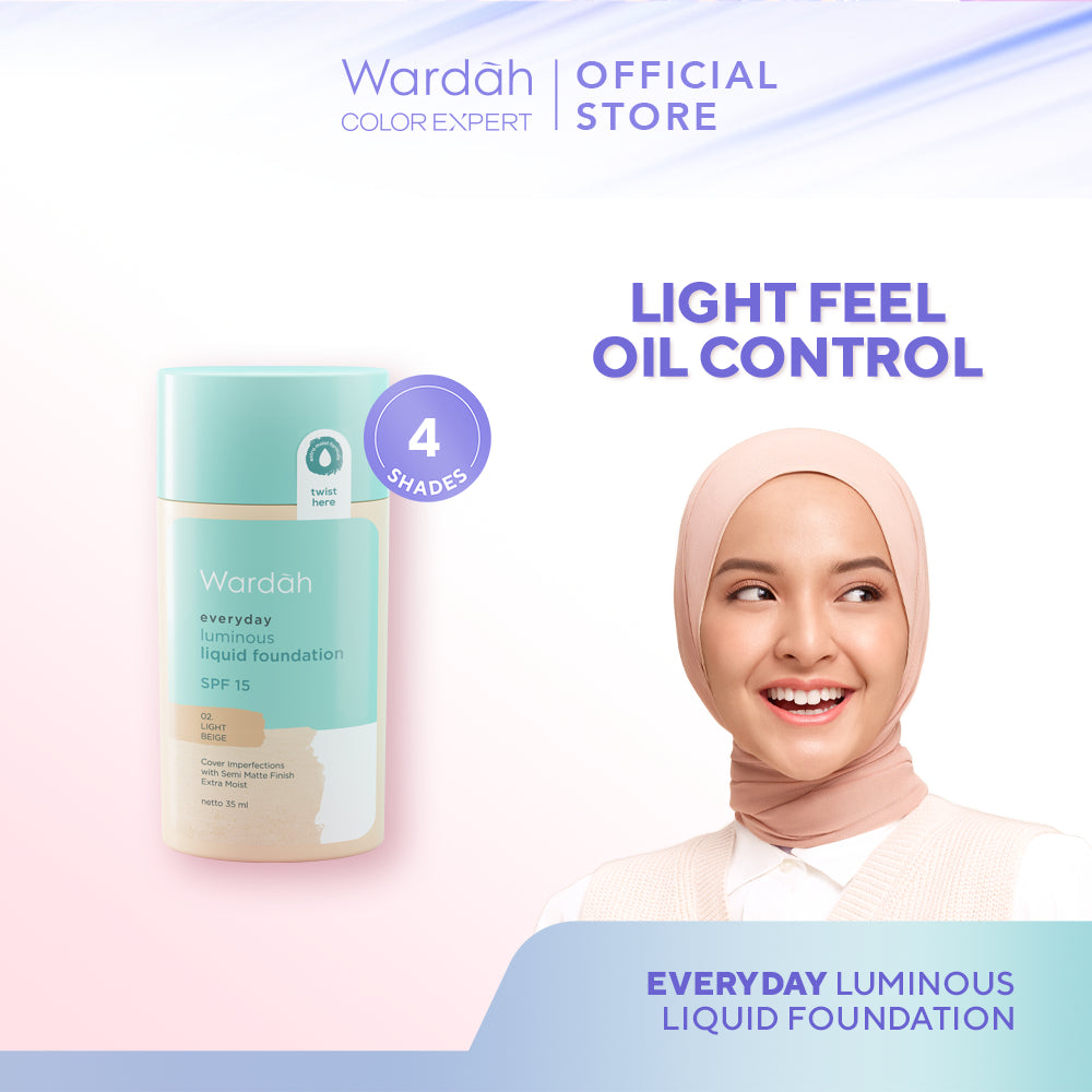 WARDAH Everyday Luminous Liquid Foundation - Alas Bedak Cair Dengan Hasil Matte Natural dan Mengandung SPF 15 - Melembabkan dan Nyaman Digunakan - Makeup
