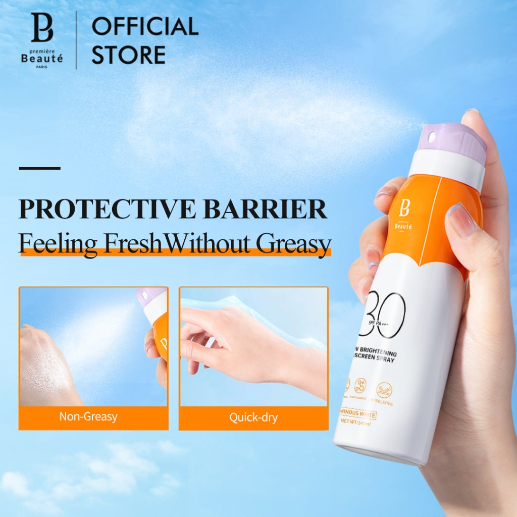 PREMIERE BEAUTE Sunscreen Spray 140ml (SPF 30 PA+++) White Skincare Series Suncreen wajah UV Waterproof Shield Barrier Anti-Aging Brightening Whitening Mencerahkan Wajah Melindungi Kulit dari Sinar Niacinamide Ceramide