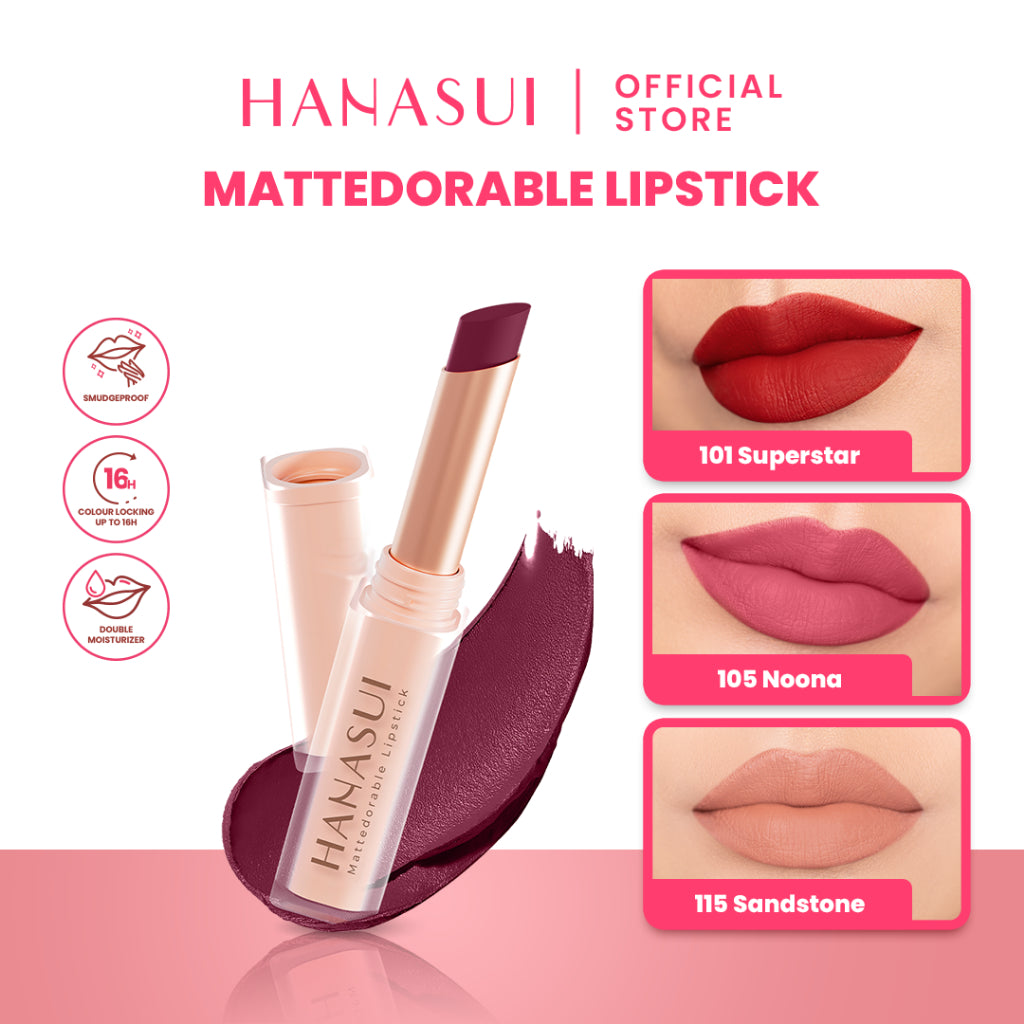 Hanasui Mattedorable Lipstick - Anti Geser Formula  Smudgeproof Transferproof Long Lasting Tahan Lama Melembabkan Hidrasi Optimal