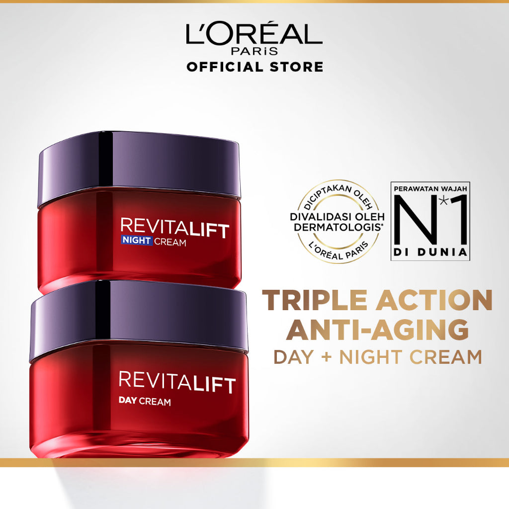 (PAKET HEMAT) L'Oréal Paris Revitalift Triple Action Day & Night Cream Dengan 3% Pro-Xylane - 50ml (untuk Kulit Cerah Tampak Muda)