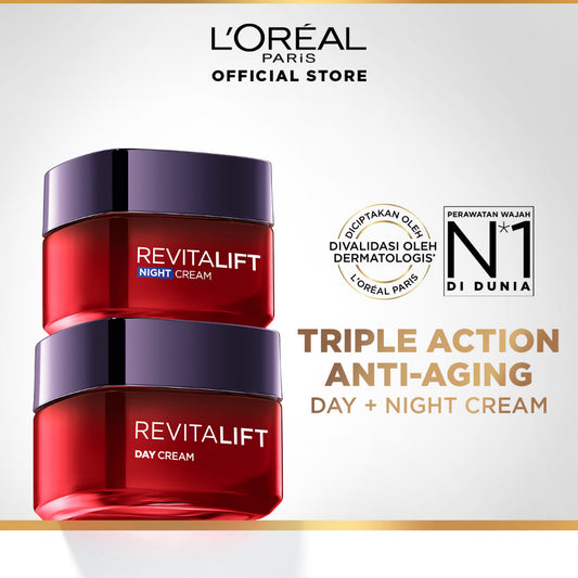 (PAKET HEMAT) L'Oréal Paris Revitalift Triple Action Day & Night Cream Dengan 3% Pro-Xylane - 50ml (untuk Kulit Cerah Tampak Muda)