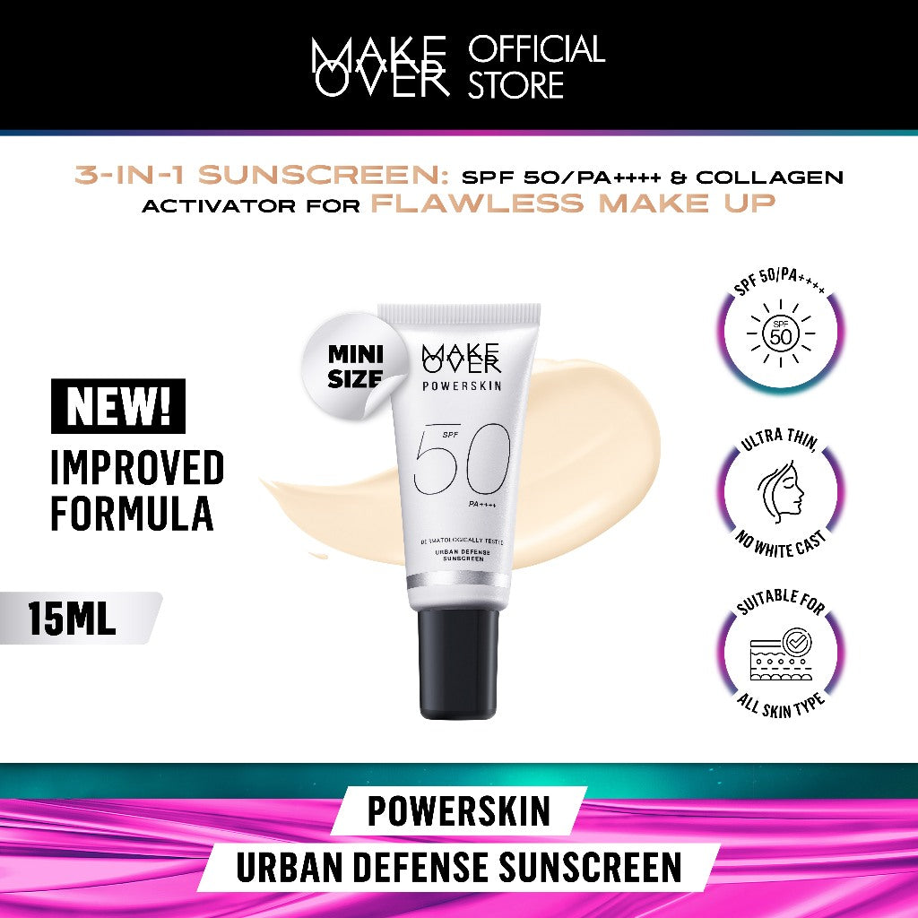 MAKE OVER Powerskin Urban Defense Sunscreen - Proteksi UVA UVB SPF50 PA++++ invisible tidak berwarna ringan tidak whitecast tidak flashback tidak lengket cocok semua warna kulit semua tipe make up