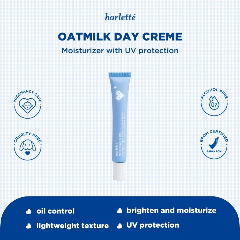Harlette Oatmilk Day Creme | Sensitive, Acne Prone, Niacinamide, Pelembab Wajah, Moisturizer, Vitamin B3, SPF 15, Sunscreen, Mencerahkan