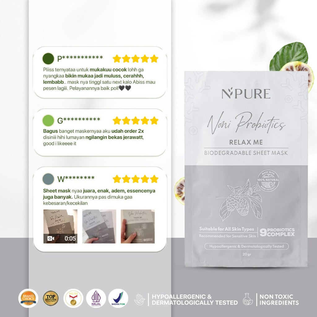 NPURE Sheet Mask Noni / Relax Me / Masker Wajah Kulit Sensitif Kemerahan Hypoallergenic / Biodegradable/ Ceramide