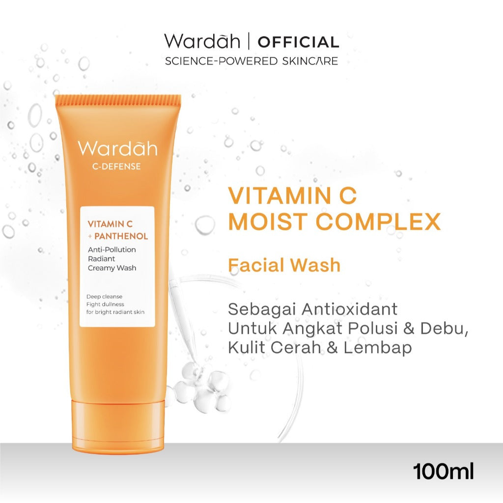 WARDAH C-defense Vitamin C + Panthenol Anti-Pollution Radiant Creamy Wash 100 ml - Facial Wash dengan Vitamin C + Panthenol - Pembersih Wajah untuk Membantu Kulit Tampak Lebih Cerah dan Terlindungi dari Polusi - Untuk Semua Jenis Kulit - Skincare