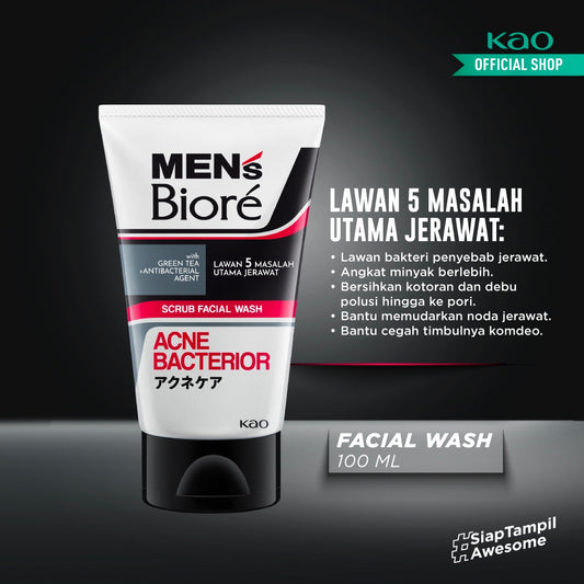 Men's Biore Micro Scrub Sabun Muka Pria Untuk Kulit Berjerawat Acne Bacterior Eksfoliasi 100 gr - Facial Wash