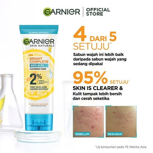 Paket Skincare Garnier Bright Complete Anti Acne Complete Set Untuk Maksimal  Lawan Jerawat dan Bekas Jerawat /Serum Jerawat, Cleanser Jerawat, Micellar Water (Micellar 125 ml + Serum 30 ml + Foam 100 ml)