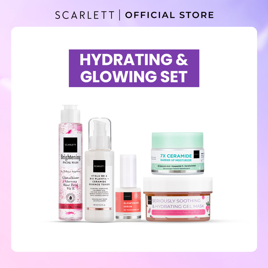 Scarlett Whitening 5pcs ( acne set, hydrating & glowing set, brightening set, anti aging set, skin barrier set, exfoliate set ) Mencerahkan Melembabkan
