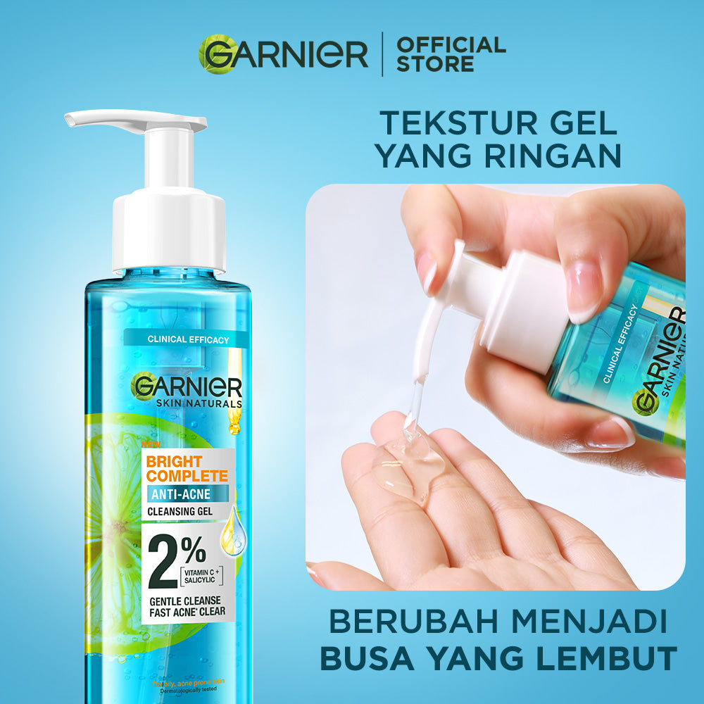 Garnier Bright Complete Anti Acne Gel Wash 120ml (2 % Vitamin C + Salicylic)  - Skincare Sabun Wajah Gel Brightening & Lawan Jerawat