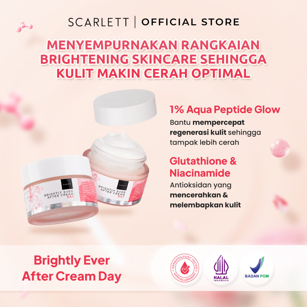 Scarlett Whitening Brightly Ever After Day Cream - Moisturizer Krim Pelembab Wajah untuk Mencerahkan Melembabkan & Memudarkan Noda Hitam di Kulit Wajah dengan Sensasi Menyegarkan || Kombinasi Glutathione & Niacinamide sebagai Pemutih Wajah