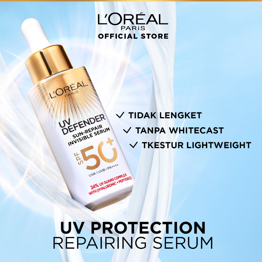 L'Oreal Paris UV Serum Sunscreen SPF 50+ PA++++ - UV Defender Sun-Repair Invisible Serum 2-in-1 Skincare 30ml, Sun Screen, sunblock, suncream, anti aging, loreal sunscreen, serum brightening mencerahkan wajah