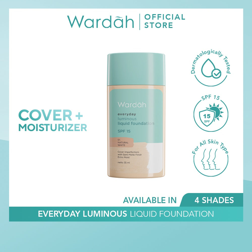 WARDAH Everyday Luminous Liquid Foundation - Alas Bedak Cair Dengan Hasil Matte Natural dan Mengandung SPF 15 - Melembabkan dan Nyaman Digunakan - Makeup