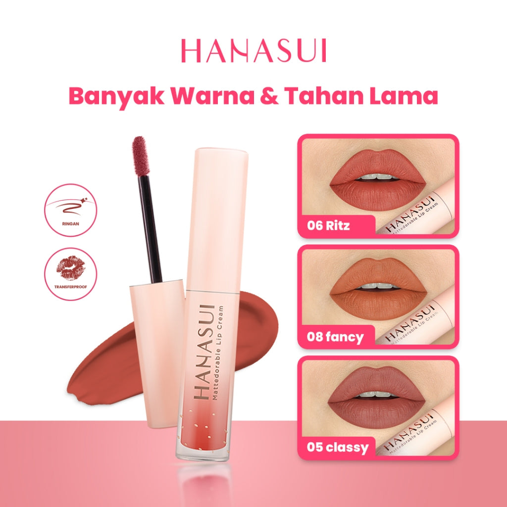 Hanasui Mattedorable Lip Cream - Velvet Matte Finish Melembabkan Ringan Tahan Lama Pigmented Olive Oil Vitamin E