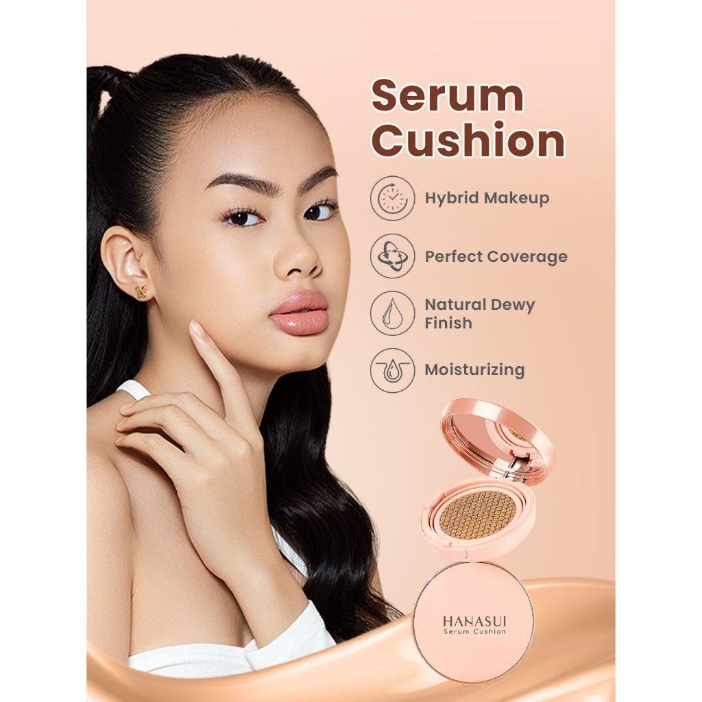 Hanasui Serum Cushion - Flawless Natural Dewy Finish UVA & UVB Protection Perfect Coverage Menyamarkan Pori-Pori Garis Halus Noda Wajah