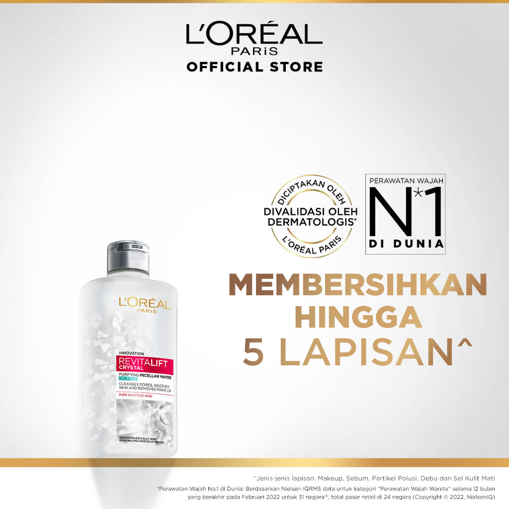 L'Oreal Paris Revitalift Crystal Purifying Micellar Water Skin Care - 95/400ml (Membersihkan Sampai Ke Pori, Menghapus Makeup & Menenangkan Kulit)