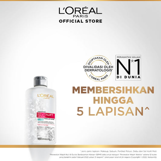L'Oreal Paris Revitalift Crystal Purifying Micellar Water Skin Care - 95/400ml (Membersihkan Sampai Ke Pori, Menghapus Makeup & Menenangkan Kulit)