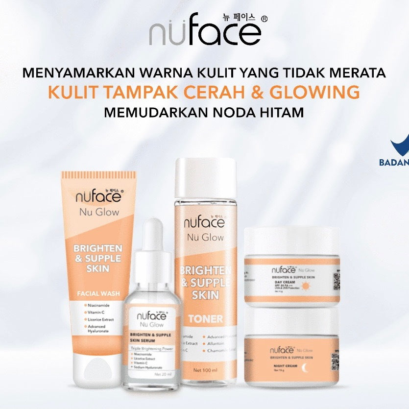 NUFACE Nu Glow Brighten & Supple Skin + Retinol 5 IN 1 Package / Indonesia Paket Wajah 5 Pcs / Facial Wash / Toner Serum / Day Night Cream / Mask / Sunscreen / Moisturizer / Scrub Peeling / Masker / Brightening / Mencerahkan Kulit Wajah Face / Bundle Set