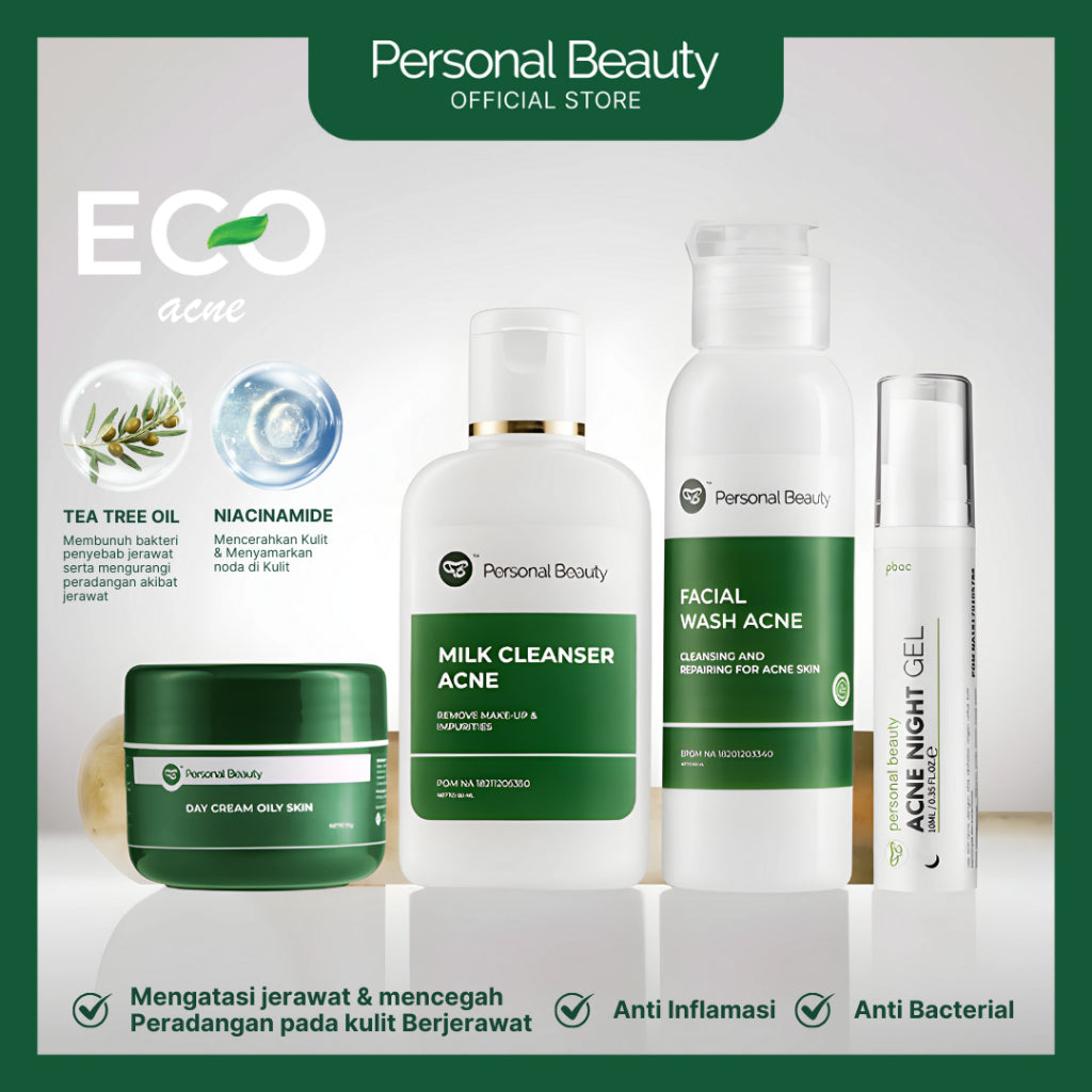 PERSONAL BEAUTY Skincare Set ECO Acne | Perawatan Wajah Berjerawat & Beruntusan - (Tea Tree Oil, Aloe Vera, Niacinamide, Salicylic Acid, Oil Control, Bekas Jerawat)