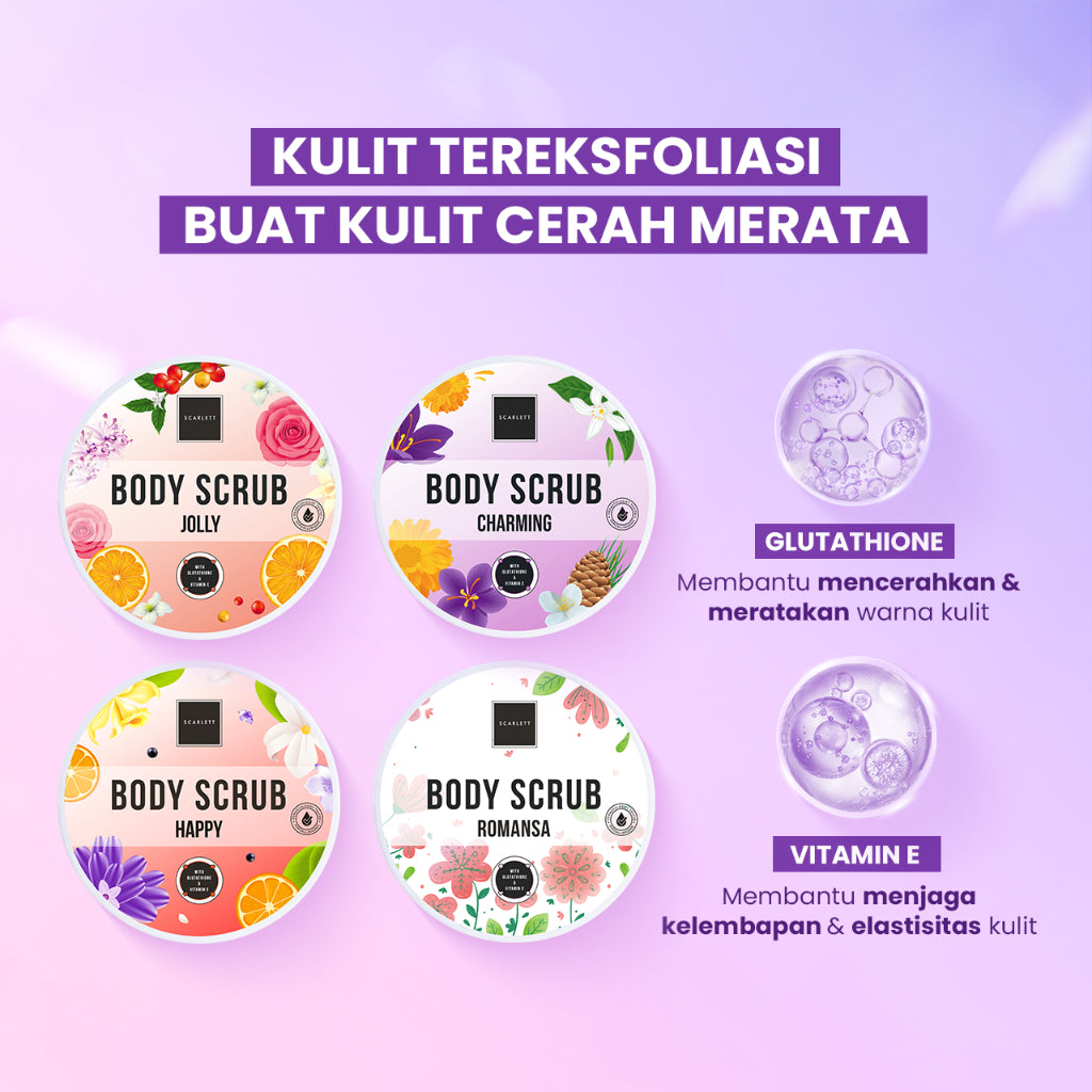 Scarlett Whitening Bundle Body Lotion + Body Scrub ( Jolly, Romansa, Charming, Happy )