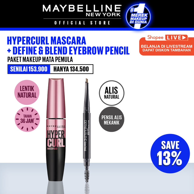 Maybelline Paket Makeup Mata Hypercurl Waterproof Mascara + Define and Blend Eyebrow Pencil | Eye Make up Bulu Mata Panjang Tebal Tahan 24 Jam