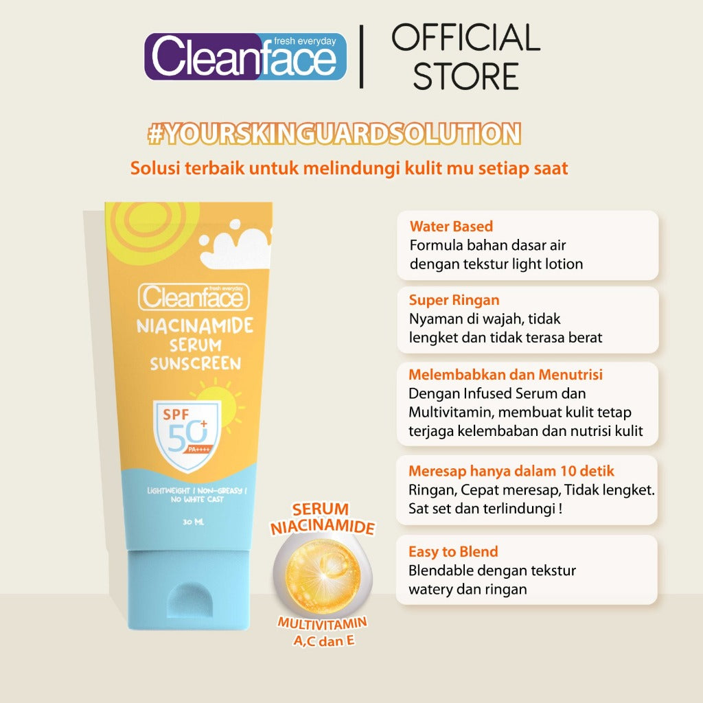 [ISI 2PCS] Cleanface Niacinamide Serum Sunscreen SPF 50++ Tube / Pencerah Kusam Kering