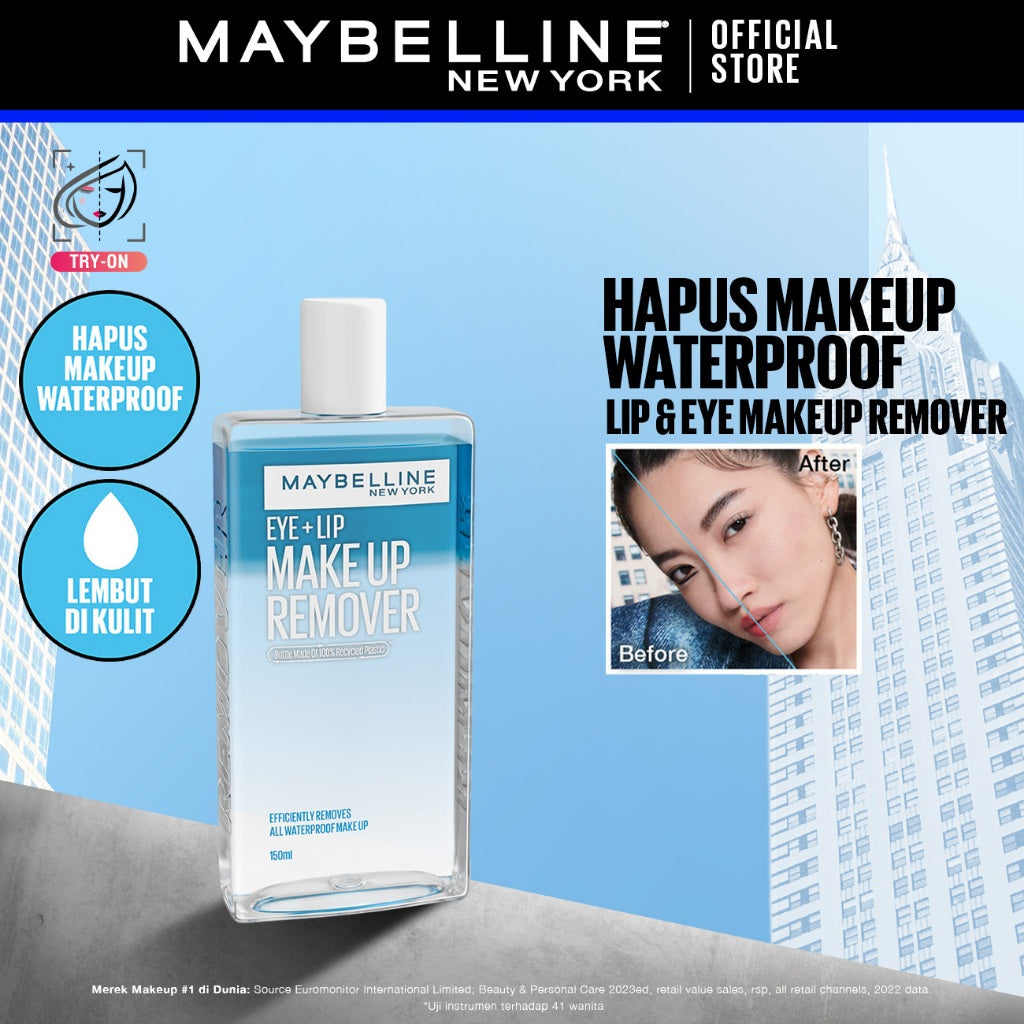 MAYBELLINE OFFICIAL Lip & Eye Makeup Remover - 70/150 ml | Mudah Hapus Make Up Waterproof Cocok Untuk Mata Sensitif Lembut di Kulit | 150ml