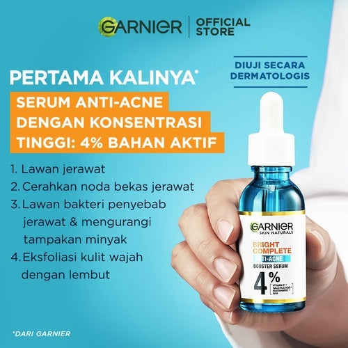 Paket Skincare Garnier Bright Complete Anti Acne Complete Set Untuk Maksimal  Lawan Jerawat dan Bekas Jerawat /Serum Jerawat, Cleanser Jerawat, Micellar Water (Micellar 125 ml + Serum 30 ml + Foam 100 ml)