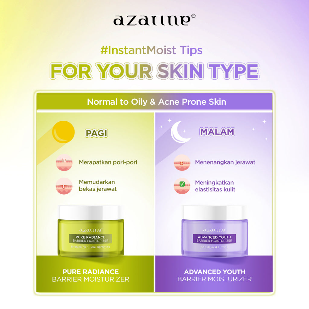 [Twin Pack] Azarine Barrier Moisturizer Series Pelembab Wajah Cream Gel Facial Moisturizer Instant Moist Mencerahkan Kulit Kusam Berjerawat Sensitif [2x30g]