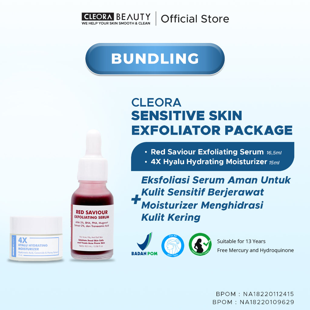 [2IN1 HEMAT] Cleora Brightening Set - Skincare Red Saviour + 8x Hyalu Moisturizer Paket Peeling Solution Eksfoliasi Wajah Pemutih Dark Spot Wanita Pria Serum Jerawat Scincare Exfoliasi Jerawat Acne Mosturizer Mencerahkan Pelembab Cream Muka Kering BPOM
