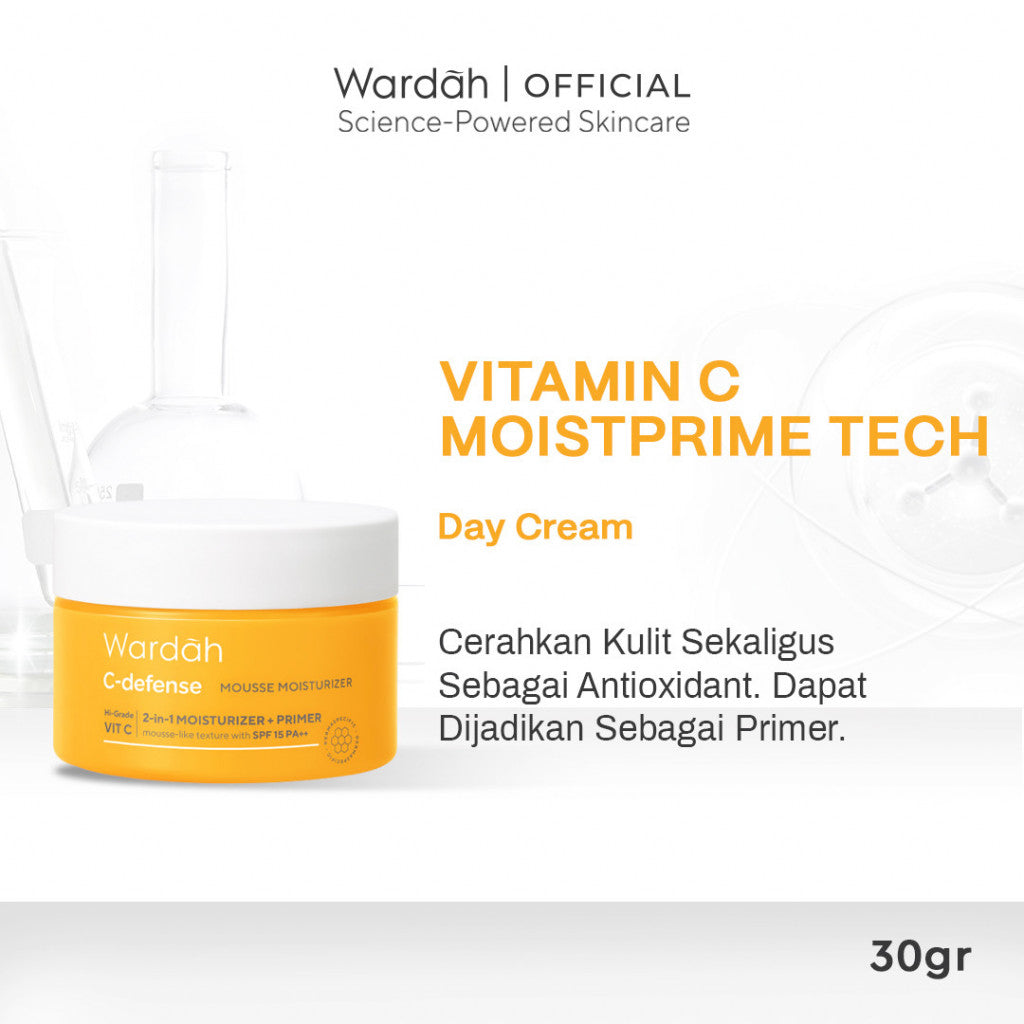 WARDAH C-Defense Mousse Moisturizer 30 g - Pelembab, Primer dan Antioksidan, dengan HiGrade VitaminC - Mencerahkan dan Menyegarkan - Untuk Semua Jenis Kulit - Skincare