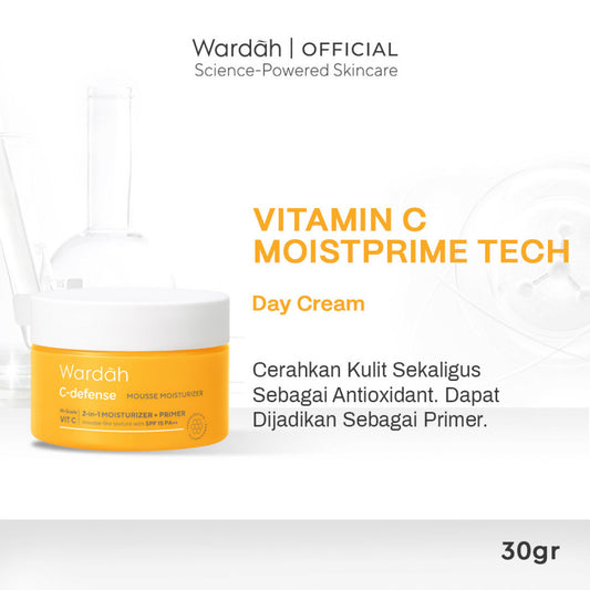 WARDAH C-Defense Mousse Moisturizer 30 g - Pelembab, Primer dan Antioksidan, dengan HiGrade VitaminC - Mencerahkan dan Menyegarkan - Untuk Semua Jenis Kulit - Skincare