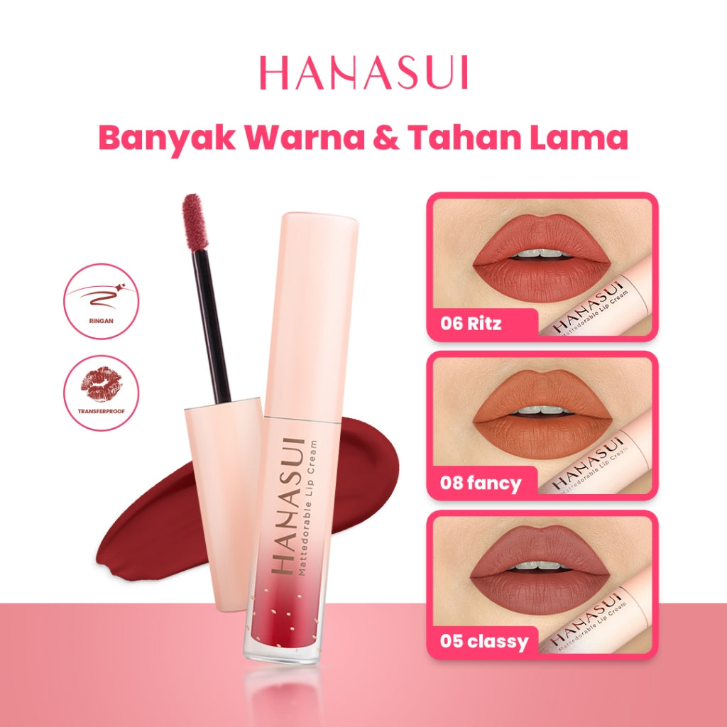 Hanasui Mattedorable Lip Cream - Velvet Matte Finish Melembabkan Ringan Tahan Lama Pigmented Olive Oil Vitamin E